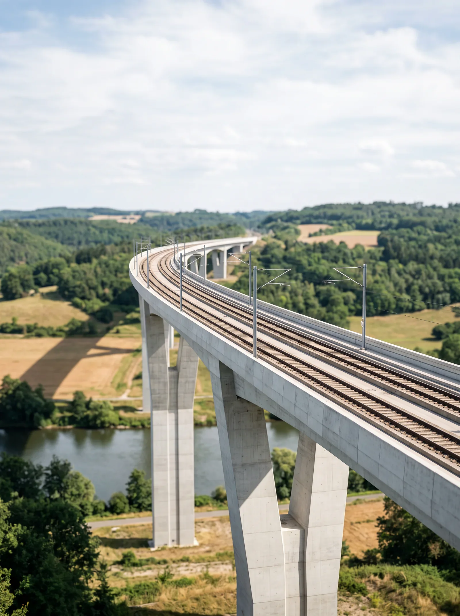 Modern rail bridge crossing a green landscape