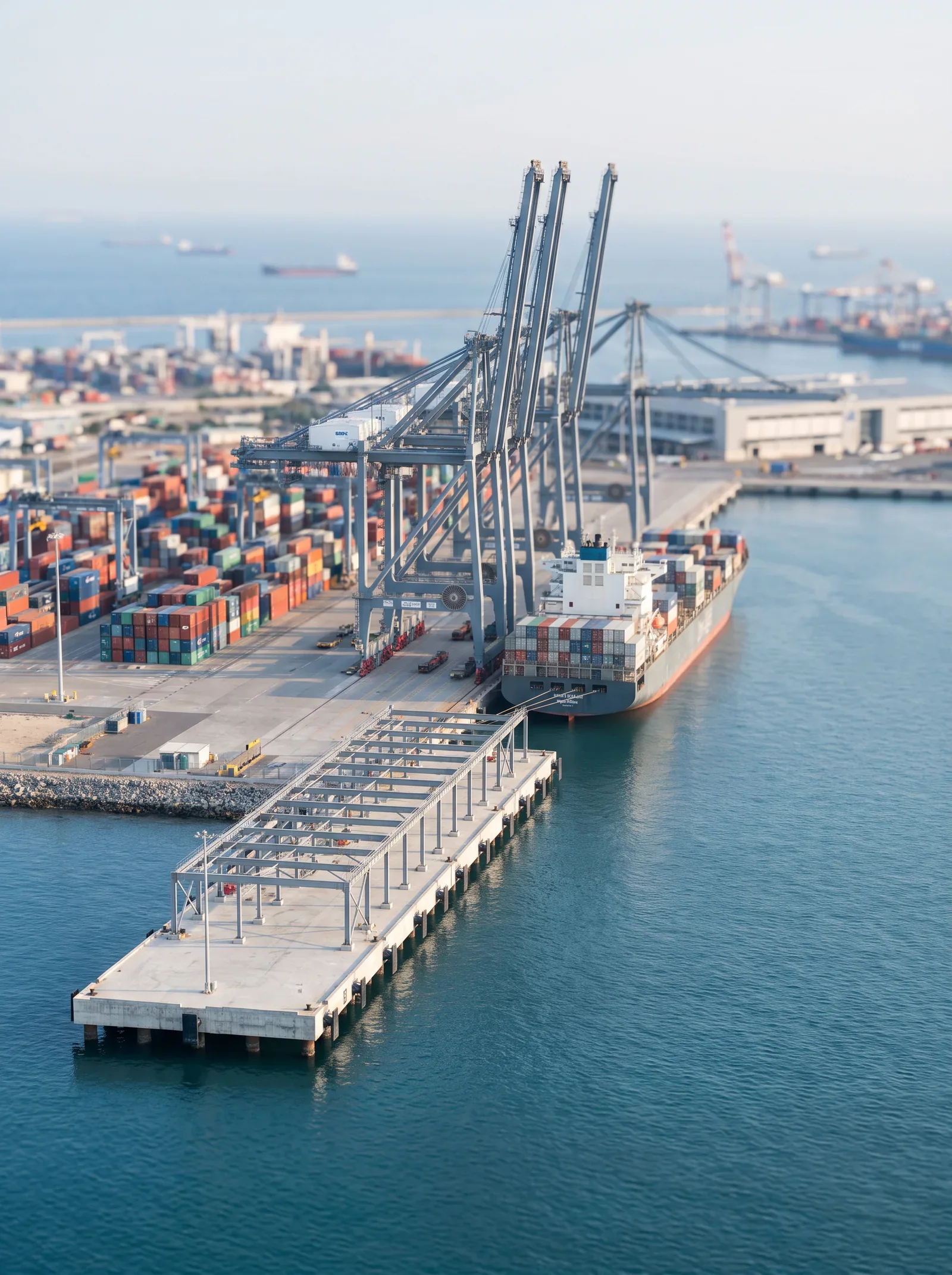 Container terminal and concrete marine infrastructure at a seaport