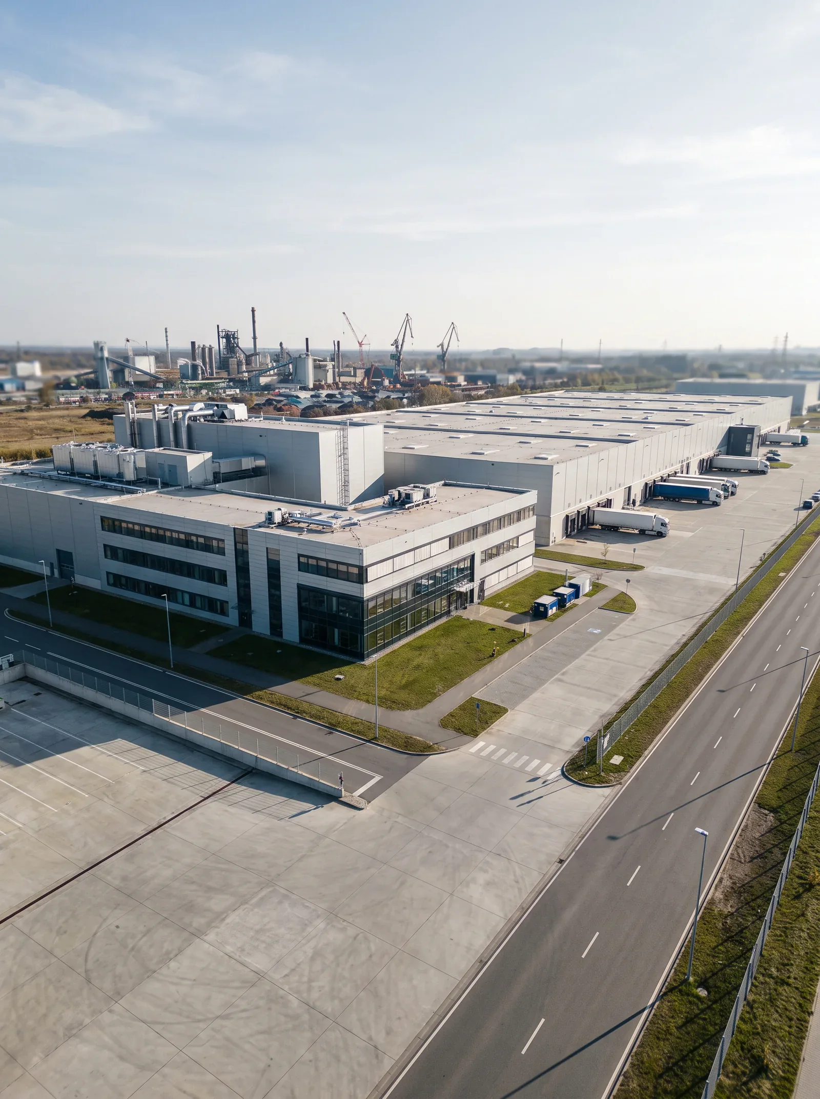 Modern industrial and logistics facility viewed from above