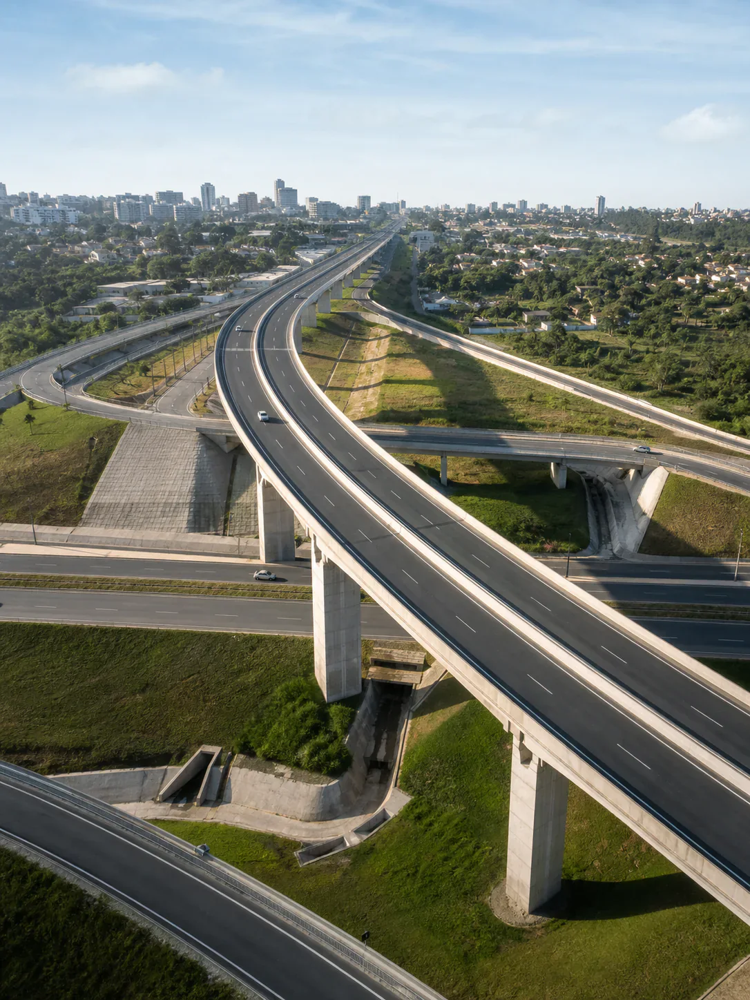 Modern highway interchange with elevated concrete overpasses