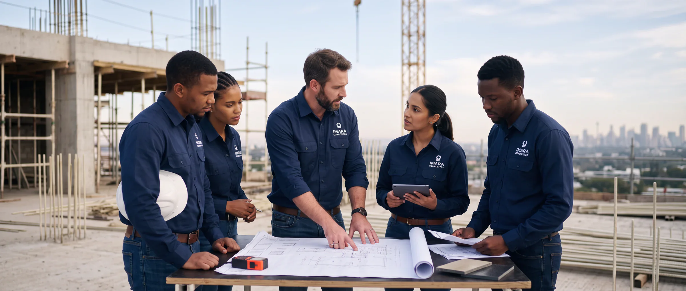 Illustrative view of engineering professionals reviewing construction drawings on site