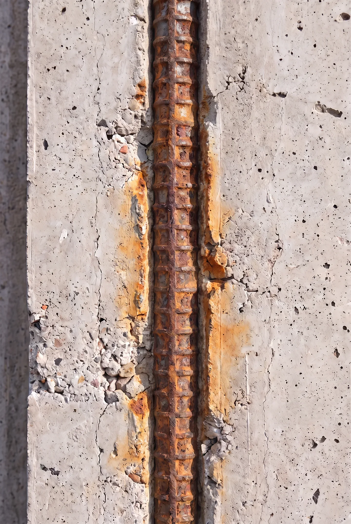 Rusting steel reinforcement exposed in cracked concrete