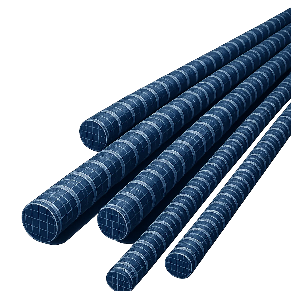 Five blue composite reinforcement bars in several diameters